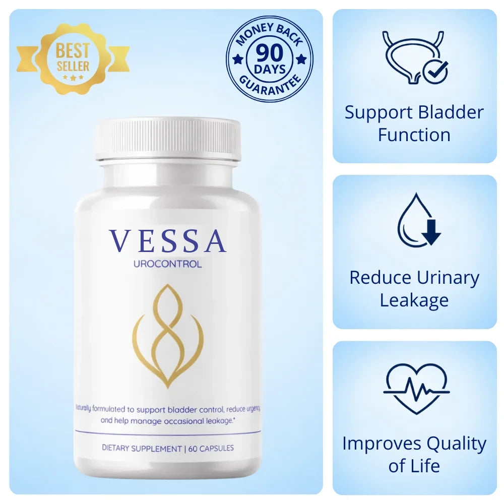 Vessa UroControl bladder support supplement bottle with key benefits